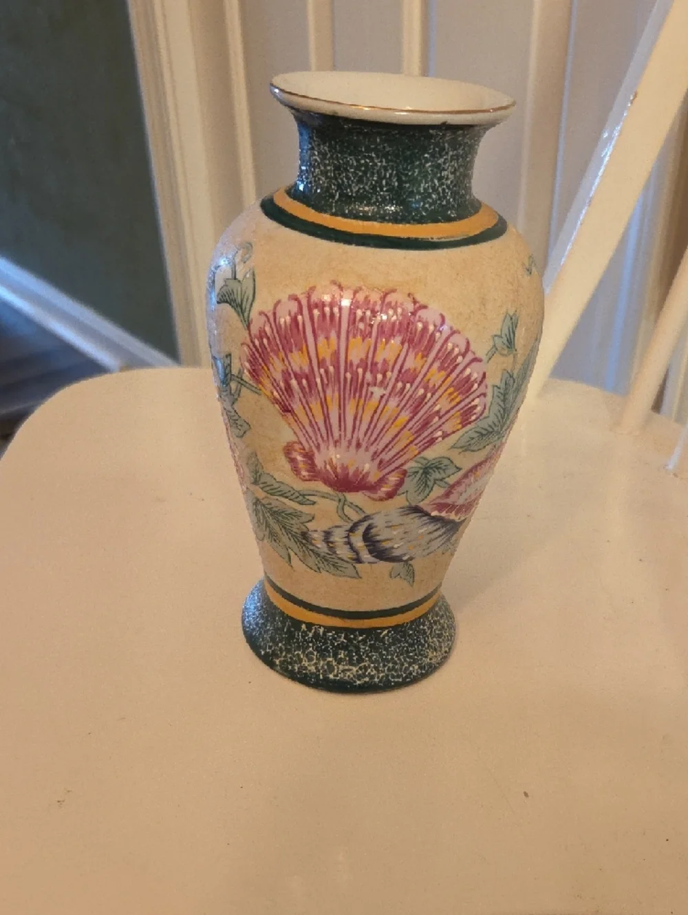 Hand-Painted Floral Ceramic Vase in Cream and Green. Vintage Japanese Moriage.